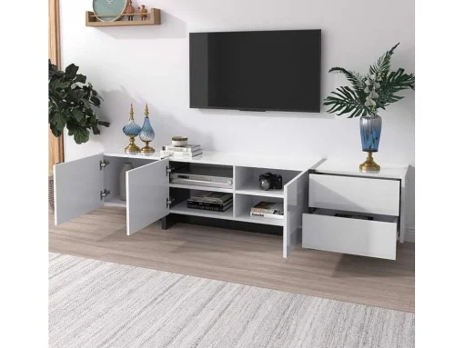 Modern Tv-Meubel 190Cm Met 3 Deuren En 2 Lades - Glanzend Wit & Zwart