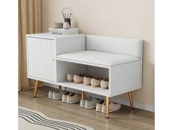 Moderne Schoenenbank Met 3 Deuren En Kussen - Metalen Poten En Handgrepen - Kleur Wit - 100 X 38 X 58 Cm