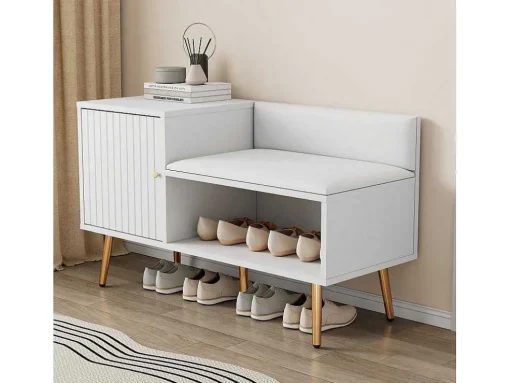Moderne Schoenenbank Met 3 Deuren En Kussen - Metalen Poten En Handgrepen - Kleur Wit - 100 X 38 X 58 Cm