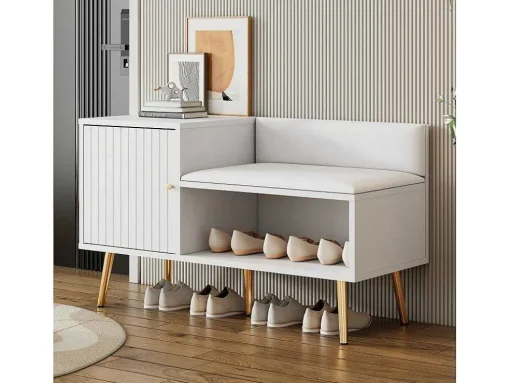 Moderne Schoenenbank Met 3 Deuren En Kussen - Metalen Poten En Handgrepen - Kleur Wit - 100 X 38 X 58 Cm