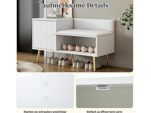 Moderne Schoenenbank Met 3 Deuren En Kussen - Metalen Poten En Handgrepen - Kleur Wit - 100 X 38 X 58 Cm
