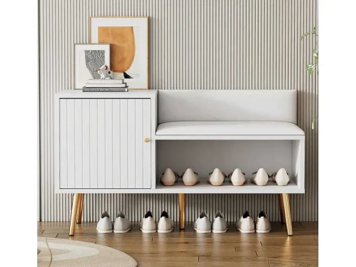 Moderne Schoenenbank Met 3 Deuren En Kussen - Metalen Poten En Handgrepen - Kleur Wit - 100 X 38 X 58 Cm