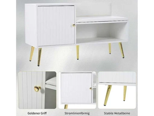 Moderne Schoenenbank Met 3 Deuren En Kussen - Metalen Poten En Handgrepen - Kleur Wit - 100 X 38 X 58 Cm