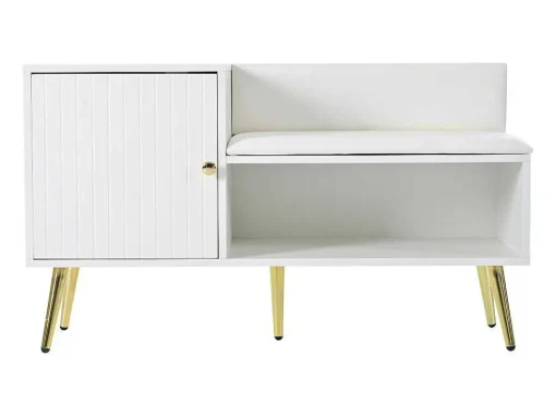 Moderne Schoenenbank Met 3 Deuren En Kussen - Metalen Poten En Handgrepen - Kleur Wit - 100 X 38 X 58 Cm