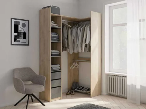 Moduleerbare Kleerkast Hoek Of Recht - L200 Cm - Kleur: Naturel En Zwart - Emilyo