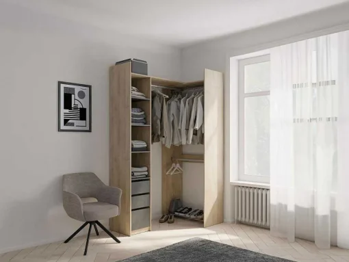 Moduleerbare Kleerkast Hoek Of Recht - L200 Cm - Kleur: Naturel En Zwart - Emilyo