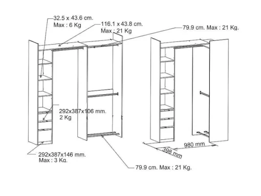 Moduleerbare Kleerkast Hoek Of Recht - L200 Cm - Kleur: Naturel En Zwart - Emilyo