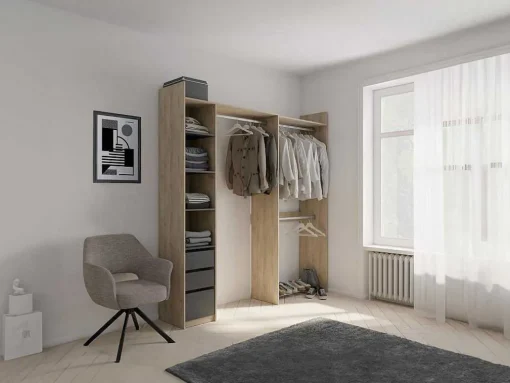 Moduleerbare Kleerkast Hoek Of Recht - L200 Cm - Kleur: Naturel En Zwart - Emilyo