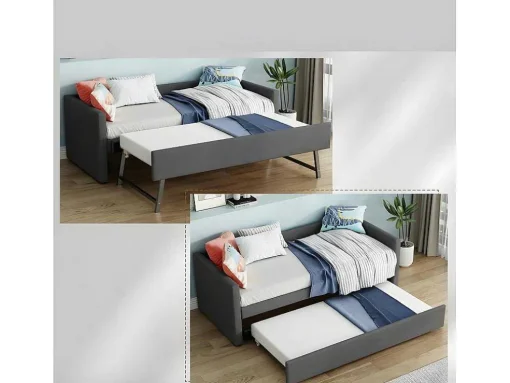 Multifunctioneel Onderschuifbed Met Opklapbed - 90X200 Cm - Linnen Stof - Grijs