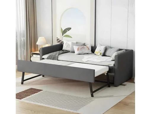 Multifunctioneel Onderschuifbed Met Opklapbed - 90X200 Cm - Linnen Stof - Grijs