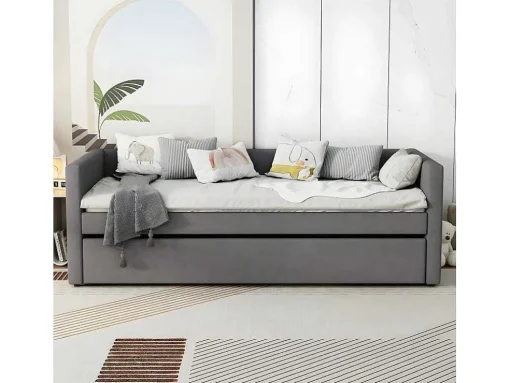 Multifunctioneel Onderschuifbed Met Opklapbed - 90X200 Cm - Linnen Stof - Grijs
