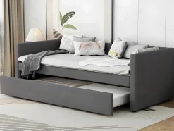 Multifunctioneel Onderschuifbed Met Opklapbed - 90X200 Cm - Linnen Stof - Grijs