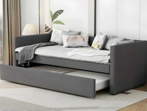 Multifunctioneel Onderschuifbed Met Opklapbed - 90X200 Cm - Linnen Stof - Grijs