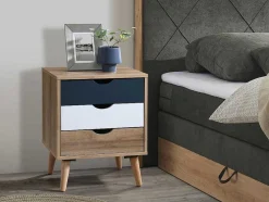 Nachtkastje Met 3 Lades - Kleur: Naturel, Wit En Marineblauw - Lurvia
