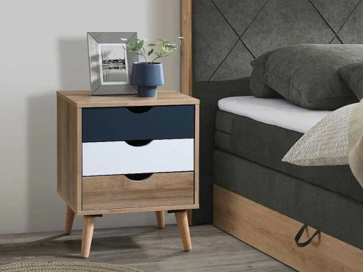 Nachtkastje Met 3 Lades - Kleur: Naturel, Wit En Marineblauw - Lurvia