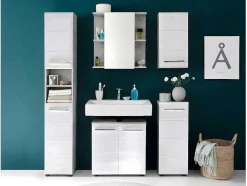 Nanobad Badkamerkast 1 Deur Betonsteen Decor, Wit Hoogglans.