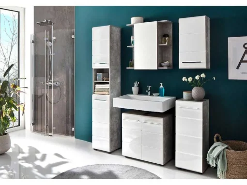Nanobad Badkamerkast 1 Deur Betonsteen Decor, Wit Hoogglans.