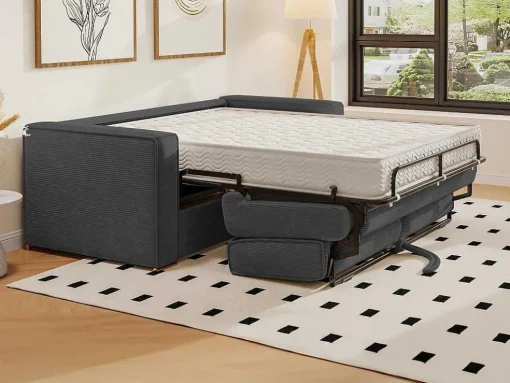 Omkeerbare Driezits-Express-Slaapbank Van Antracietkleurig Ribfluweel - Bed 140 Cm - Matras 22 Cm Loreto