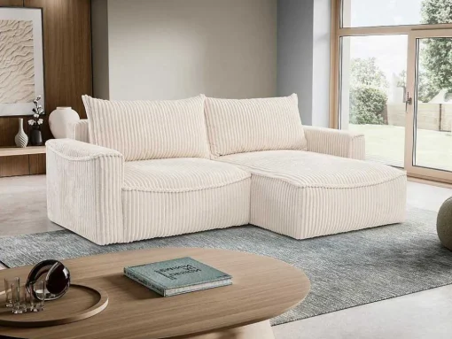 Omkeerbare Hoekslaapbank Van Beige Ribfluweel Met Brede Ribbels Asturio