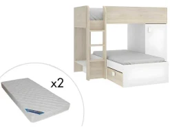 Omkeerbare Hoekstapelbed Ricardo - 2 X 90X190Cm - Opbergruimte - Grijs En Wit + Matras