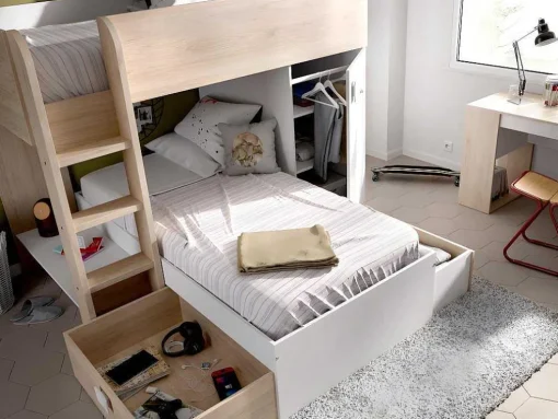 Omkeerbare Hoekstapelbed Ricardo - 2 X 90X190Cm - Opbergruimte - Grijs En Wit + Matras