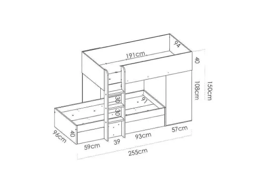 Omkeerbare Hoekstapelbed Ricardo - 2 X 90X190Cm - Opbergruimte - Grijs En Wit + Matras