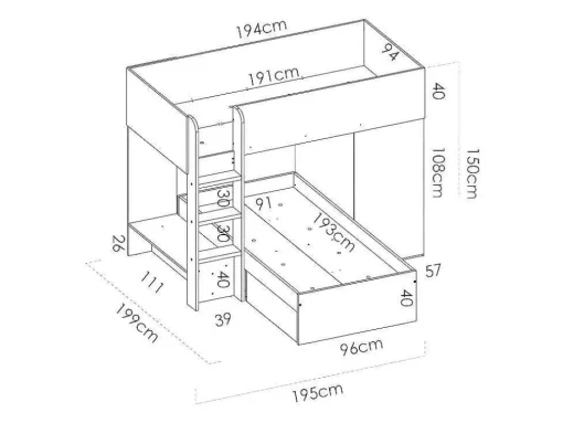 Omkeerbare Hoekstapelbed Ricardo - 2 X 90X190Cm - Opbergruimte - Grijs En Wit + Matras