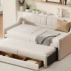Onderschuifbed 90X200Cm + 90X190Cm - Gestoffeerde Slaapbank Met Lades - Katoenlinnenstof - Beige