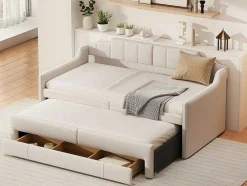Onderschuifbed 90X200Cm + 90X190Cm - Gestoffeerde Slaapbank Met Lades - Katoenlinnenstof - Beige