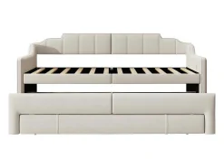 Onderschuifbed 90X200Cm + 90X190Cm - Gestoffeerde Slaapbank Met Lades - Katoenlinnenstof - Beige
