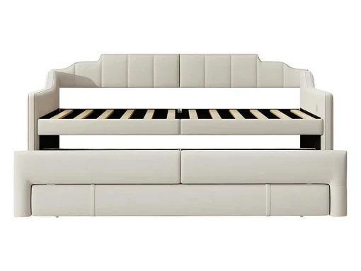 Onderschuifbed 90X200Cm + 90X190Cm - Gestoffeerde Slaapbank Met Lades - Katoenlinnenstof - Beige