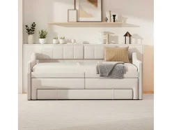Onderschuifbed 90X200Cm + 90X190Cm - Gestoffeerde Slaapbank Met Lades - Katoenlinnenstof - Beige