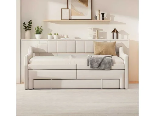 Onderschuifbed 90X200Cm + 90X190Cm - Gestoffeerde Slaapbank Met Lades - Katoenlinnenstof - Beige