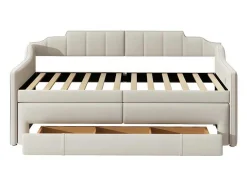 Onderschuifbed 90X200Cm + 90X190Cm - Gestoffeerde Slaapbank Met Lades - Katoenlinnenstof - Beige