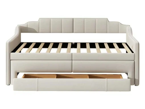 Onderschuifbed 90X200Cm + 90X190Cm - Gestoffeerde Slaapbank Met Lades - Katoenlinnenstof - Beige