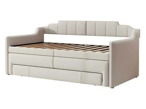 Onderschuifbed 90X200Cm + 90X190Cm - Gestoffeerde Slaapbank Met Lades - Katoenlinnenstof - Beige