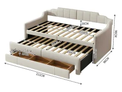 Onderschuifbed 90X200Cm + 90X190Cm - Gestoffeerde Slaapbank Met Lades - Katoenlinnenstof - Beige