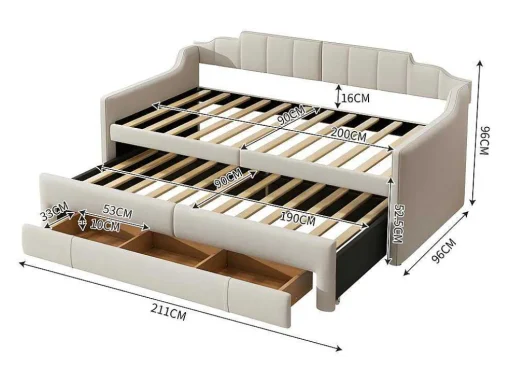 Onderschuifbed 90X200Cm + 90X190Cm - Gestoffeerde Slaapbank Met Lades - Katoenlinnenstof - Beige