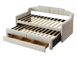 Onderschuifbed 90X200Cm + 90X190Cm - Gestoffeerde Slaapbank Met Lades - Katoenlinnenstof - Beige