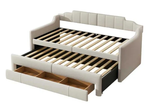 Onderschuifbed 90X200Cm + 90X190Cm - Gestoffeerde Slaapbank Met Lades - Katoenlinnenstof - Beige