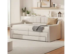 Onderschuifbed 90X200Cm + 90X190Cm - Gestoffeerde Slaapbank Met Lades - Katoenlinnenstof - Beige