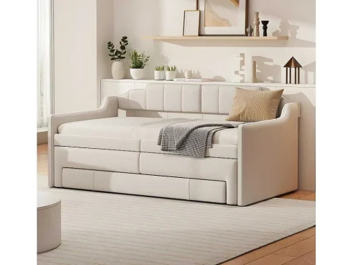 Onderschuifbed 90X200Cm + 90X190Cm - Gestoffeerde Slaapbank Met Lades - Katoenlinnenstof - Beige