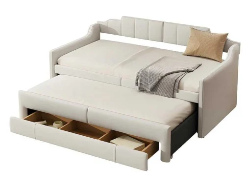 Onderschuifbed 90X200Cm + 90X190Cm - Gestoffeerde Slaapbank Met Lades - Katoenlinnenstof - Beige
