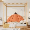 Onderschuifbed 140X200Cm In Massief Grenen - Fluwelen Hoofdeinde - Oranje & Wit