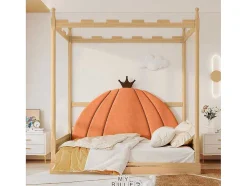 Onderschuifbed 140X200Cm In Massief Grenen - Fluwelen Hoofdeinde - Oranje & Wit