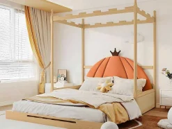 Onderschuifbed 140X200Cm In Massief Grenen - Fluwelen Hoofdeinde - Oranje & Wit