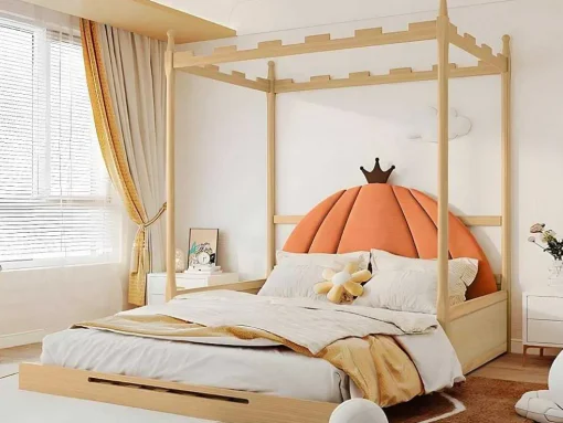 Onderschuifbed 140X200Cm In Massief Grenen - Fluwelen Hoofdeinde - Oranje & Wit