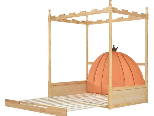 Onderschuifbed 140X200Cm In Massief Grenen - Fluwelen Hoofdeinde - Oranje & Wit