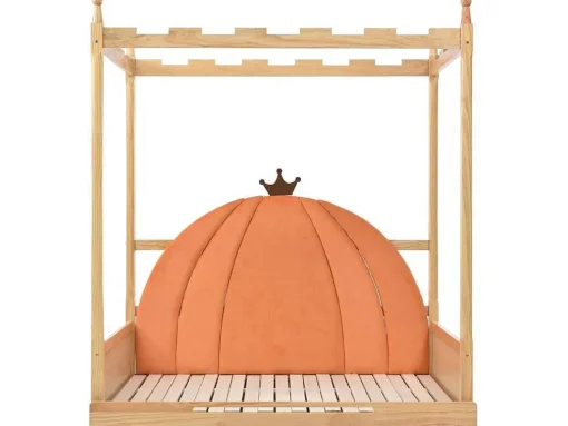 Onderschuifbed 140X200Cm In Massief Grenen - Fluwelen Hoofdeinde - Oranje & Wit
