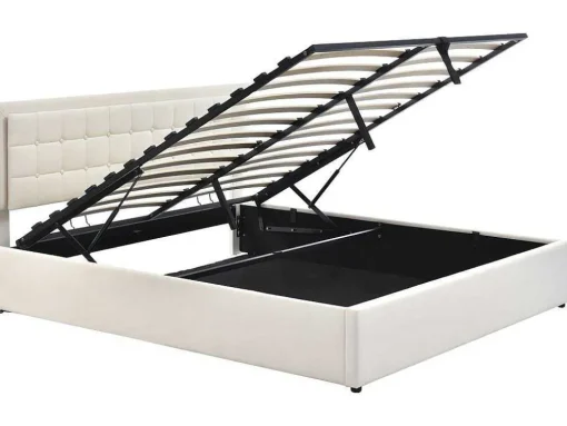 Opbergbed 180 X 200 Cm - Pu Leer - Led'S - Lattenbodem - Wit